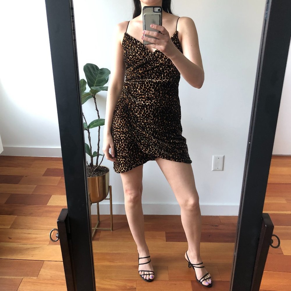 Leopard velvet spaghetti strap empire waist ruched dress